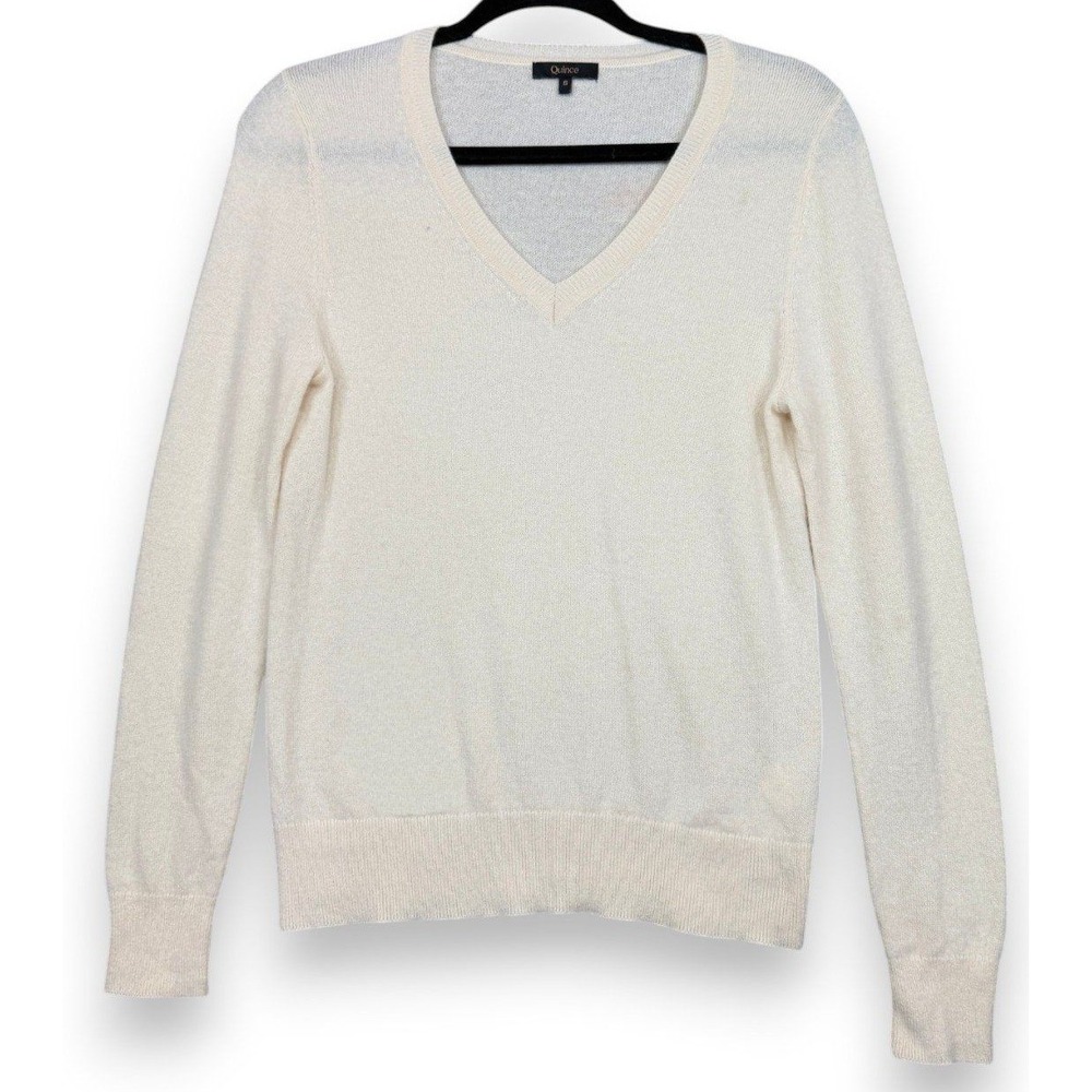 Quince Sweater Womens S Ivory Mongolian Cashmere V Neck Long Sleeve Quiet Luxury
